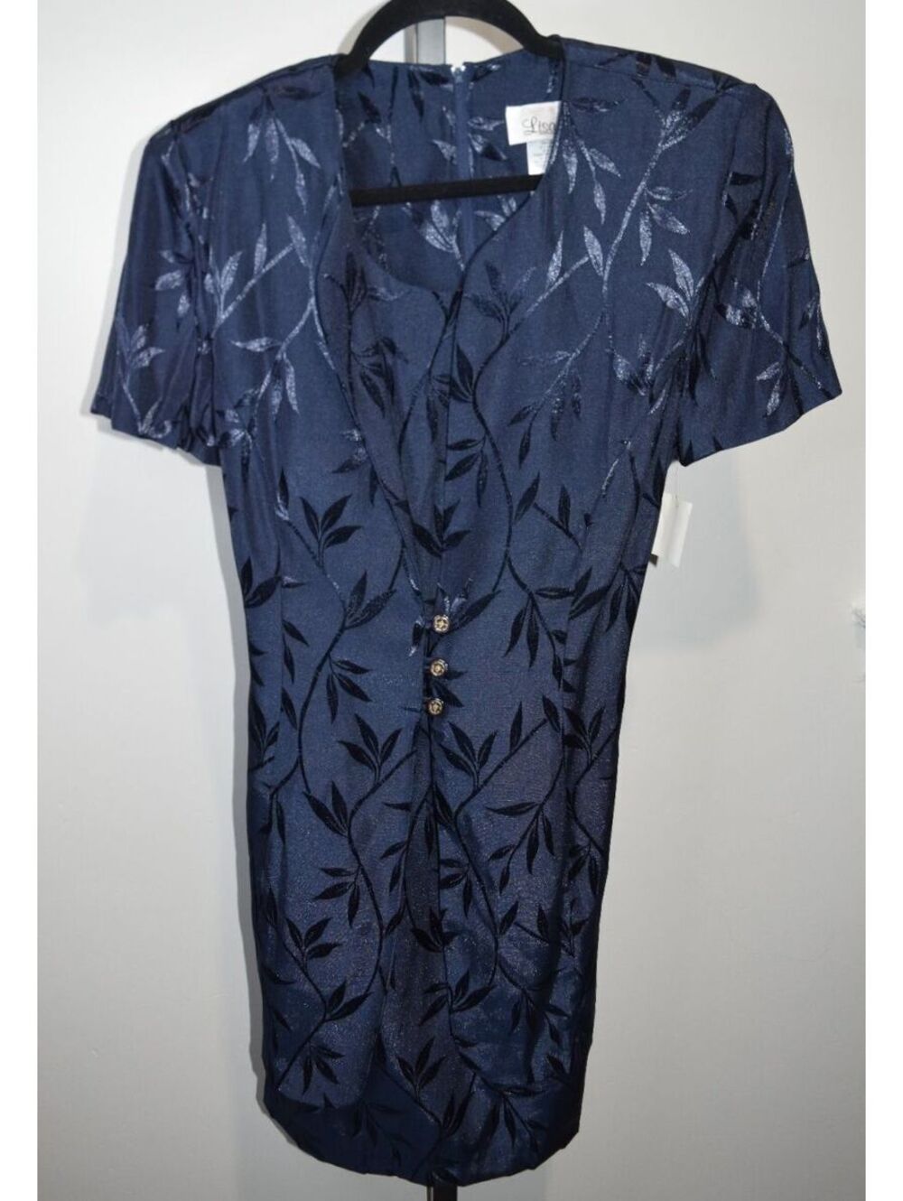 NWT Vintage Lisa Jo Dark Navy Floral Short Sleeve Dress Size 9/10 90s